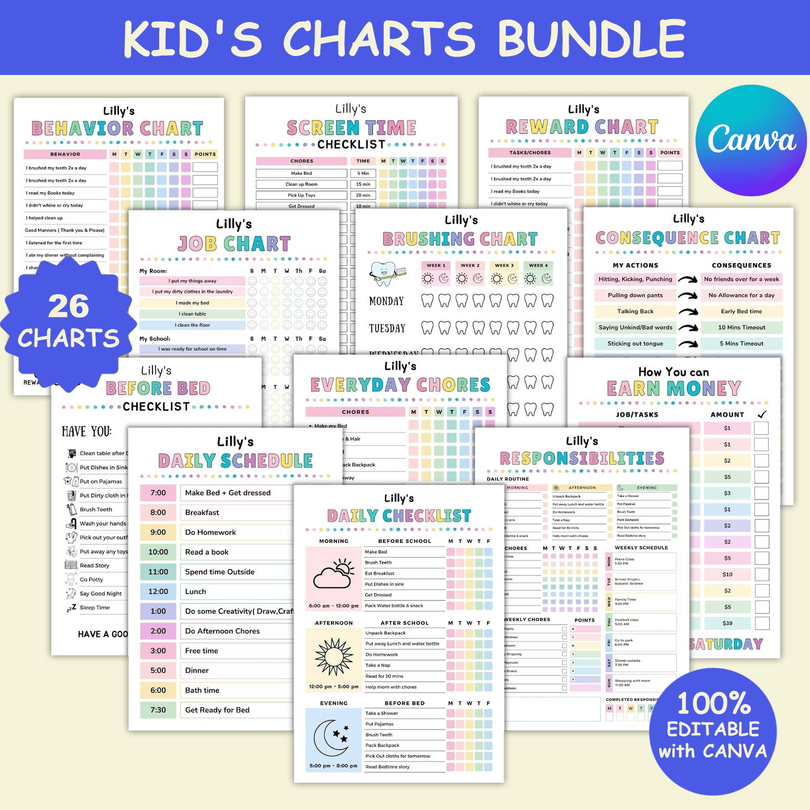 Kids Chore & Responsibility Charts – Daily & Weekly | JollyPrinty - JollyPrinty