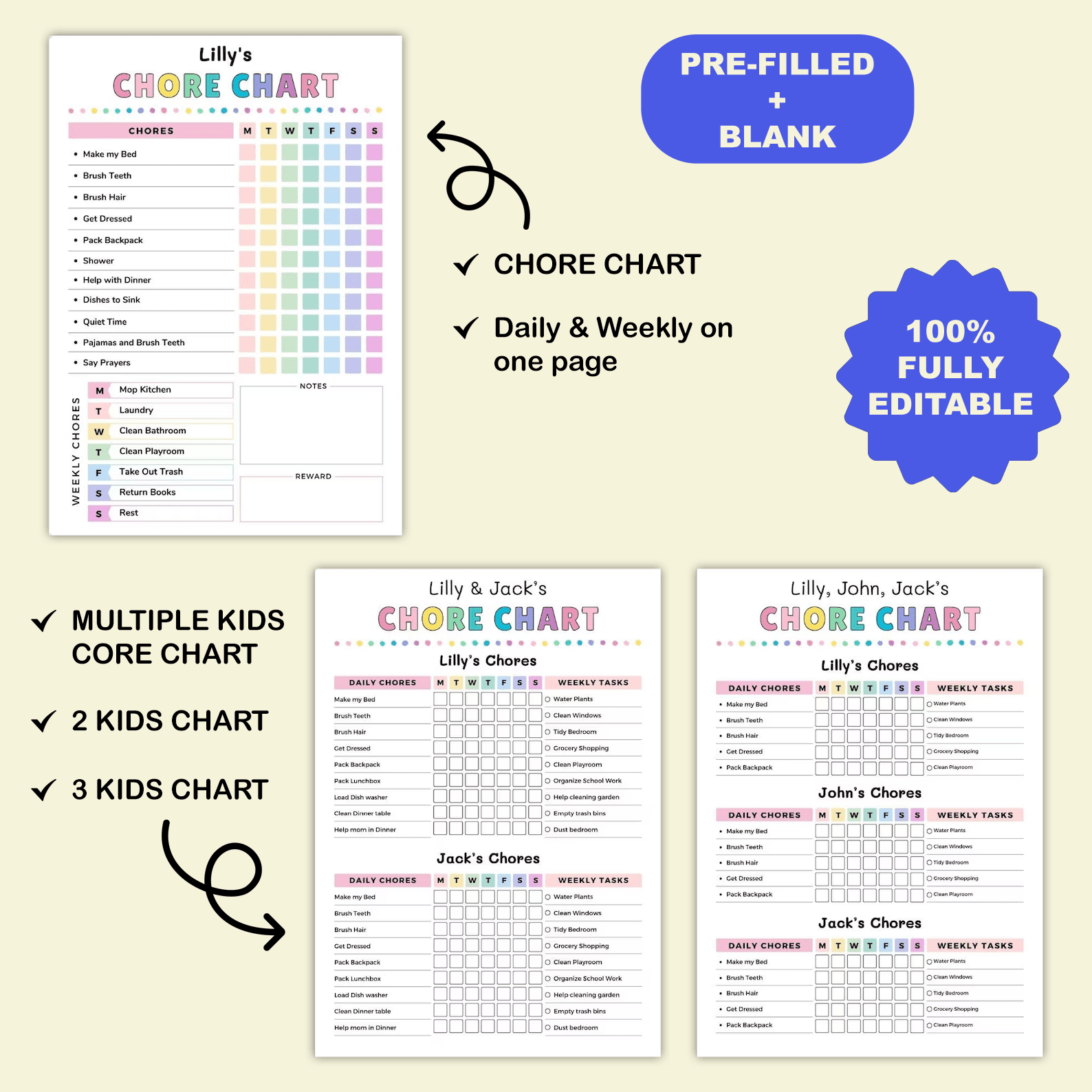 Kids Chore & Responsibility Charts – Daily & Weekly | JollyPrinty - JollyPrinty